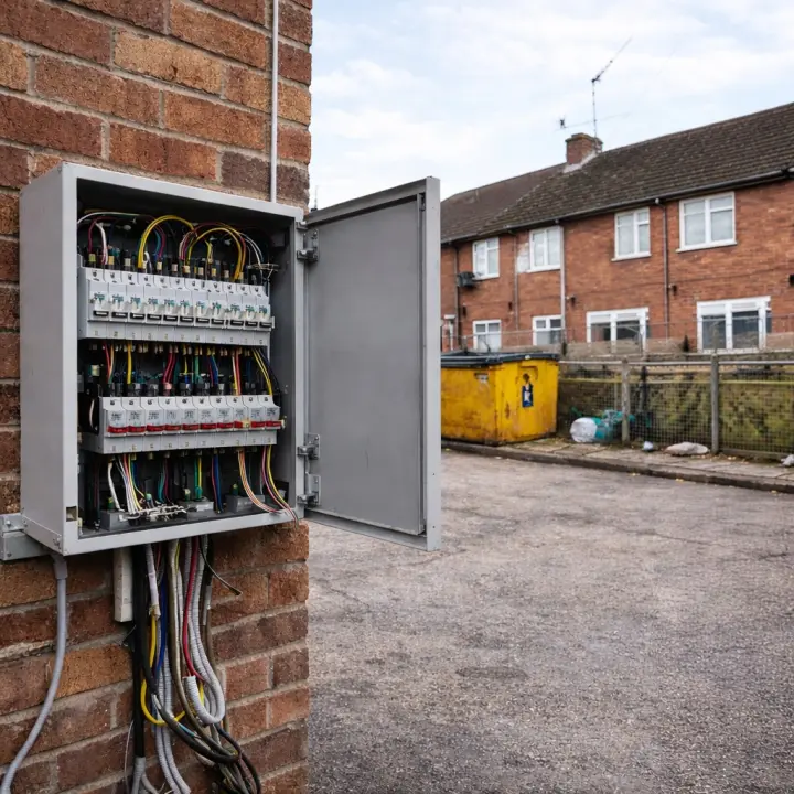 Commercial electrician working on an outdoor installation in Nottingham