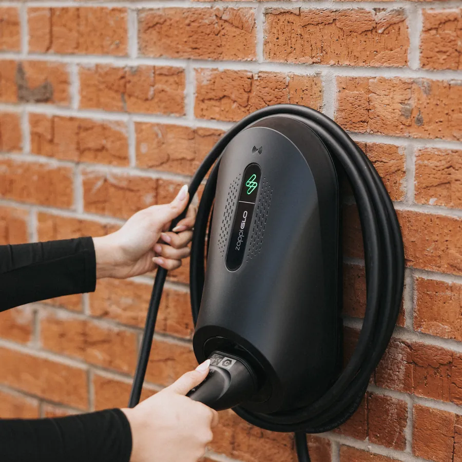 Close-up of a zappi GLO EV charger installed in Nottingham
