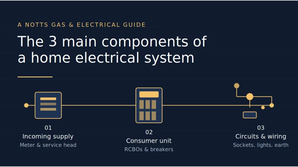 Diagram showing the three main components of a home electrical system: incoming supply, consumer unit and circuits