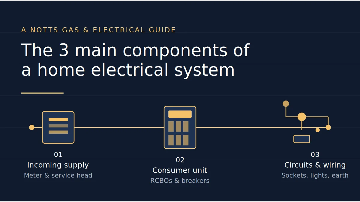 Diagram showing the three main components of a home electrical system: incoming supply, consumer unit and circuits