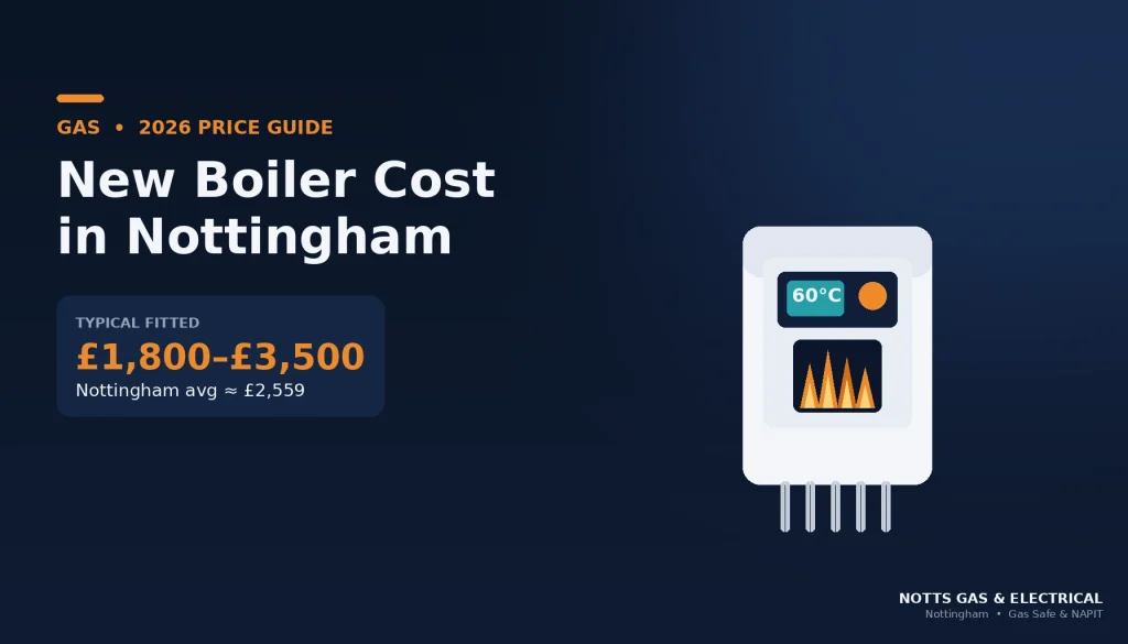Wall-mounted gas combi boiler illustration with 2026 Nottingham installation price guide by Notts Gas and Electrical